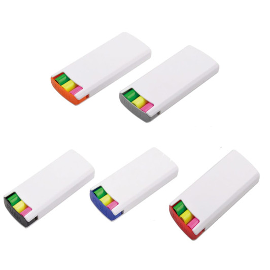 A pen set featuring five solid-coloured pens in a sleek white case, with vibrant accents in orange, green, pink, and purple.