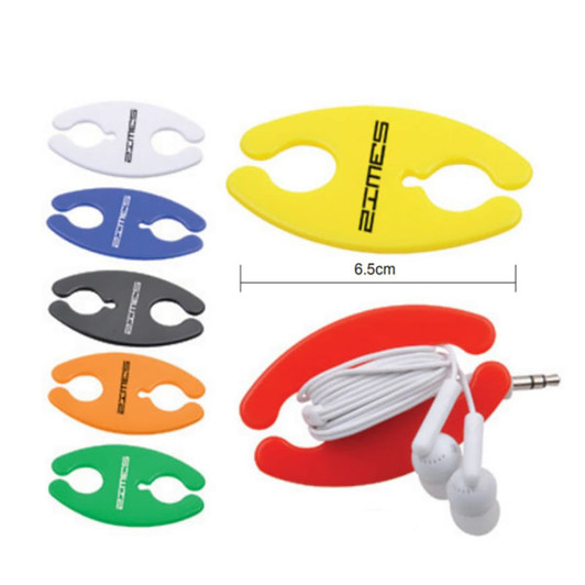 A set of cable organisers in various colours, including yellow, white, blue, black, orange, red, and green, with one holding earphones.