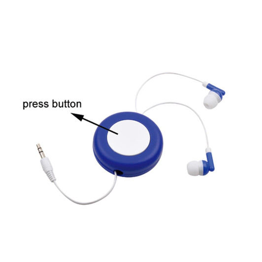 Blue earbuds in a case with a press button, featuring white earbuds and a 3.5mm audio jack.