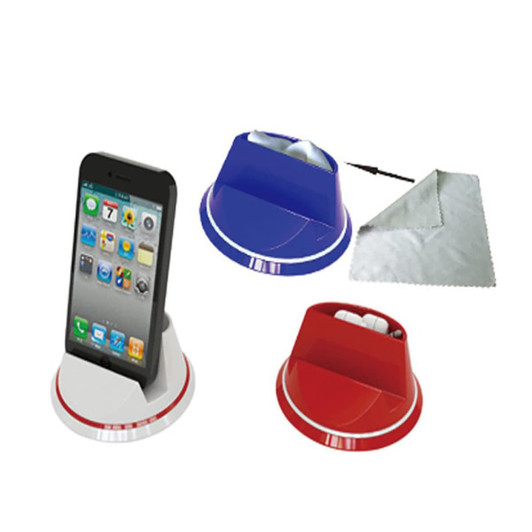 A mobile stand set featuring red, blue, and white designs, with a smartphone and a cleaning cloth.