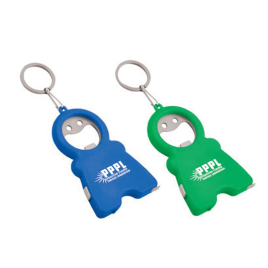 A drink bottle opener in blue and green, featuring a keyring and additional light and tape measure functions.