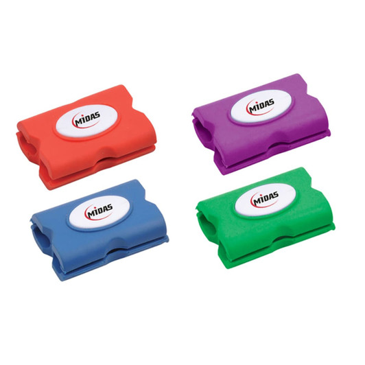 A cable organiser featuring four different colours: red, purple, blue, and green. Each has a logo on it.
