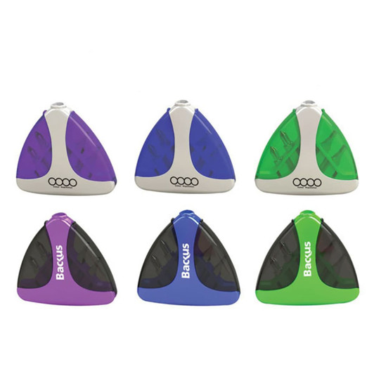 A set of six triangular tool sets in purple, blue, green, and white, featuring a logo on each.
