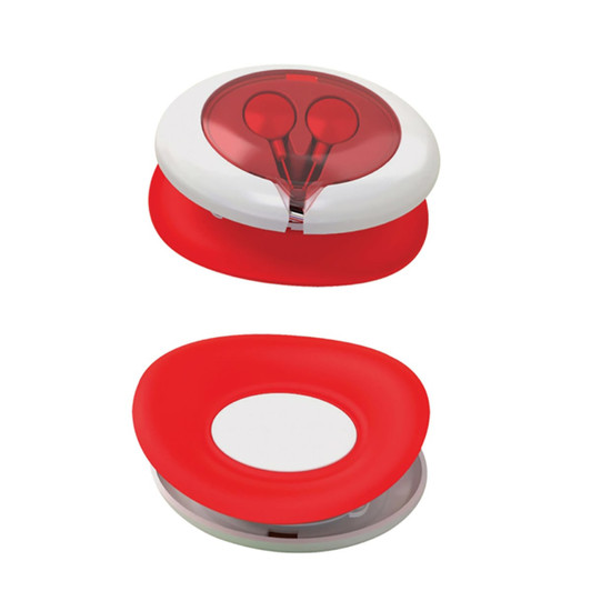 A red and white case holding earbuds, featuring a sleek design with a rounded shape and a logo on the top.