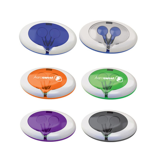 Earbuds in cases, featuring six different colours: blue, orange, green, purple, grey, and white. Each case includes earbuds and a logo.