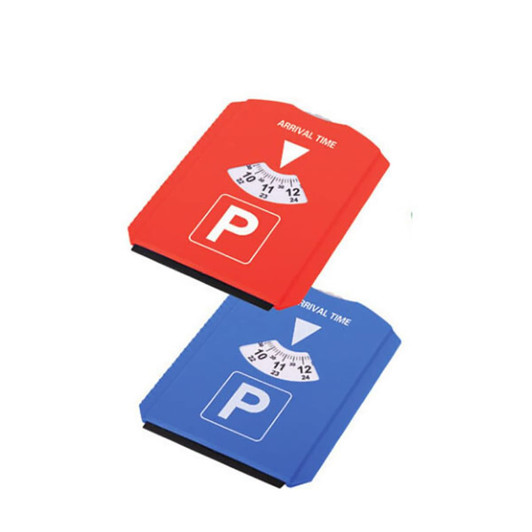 Two parking signs in red and blue, featuring a dial for arrival time. Each sign has a logo.