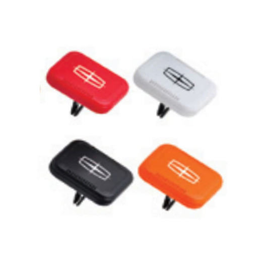 A collection of four ice scrapers in red, white, black, and orange, featuring a logo on each.