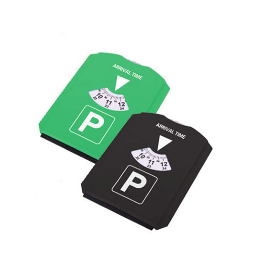 A green and black ice scraper with a parking sign design, featuring a logo on both products.