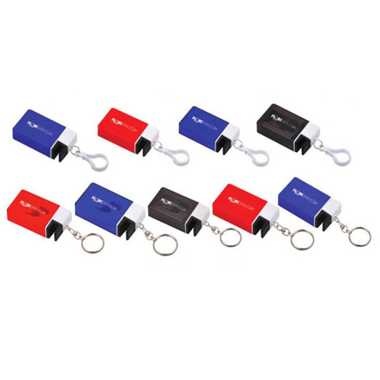 A set of earbud cases in red, blue, black, and white, each featuring a keychain attachment and a logo.