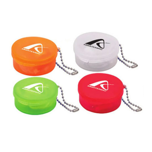 Earbuds in cases with keyrings, available in orange, green, red, and clear colours, featuring logo.