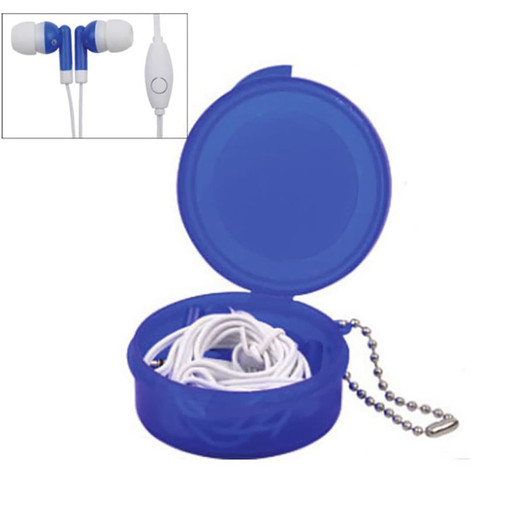 Earbuds in a blue case with a keyring and a microphone, coiled neatly inside the case.
