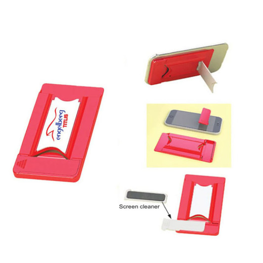 A red mobile wallet that holds a phone and includes a screen cleaner with a branding logo.