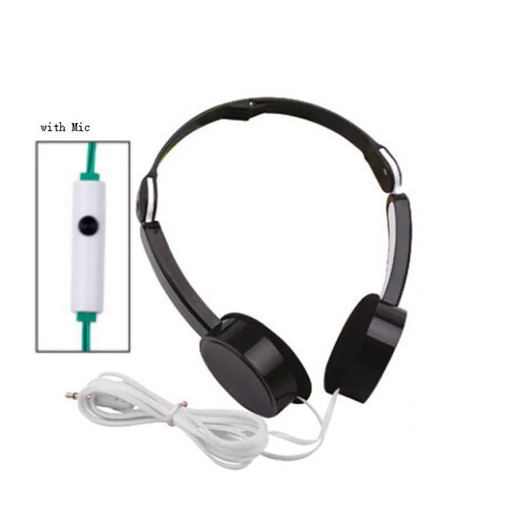 Foldable black headphones with a microphone and white cord, featuring an inline control for sound.