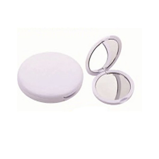 A round white compact mirror with a double-sided reflective surface. It features a branding logo on the exterior.