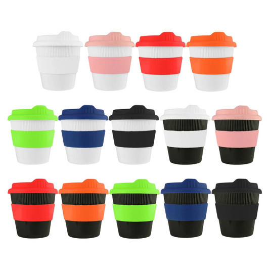 A range of reusable coffee cups in various colours including white, pink, orange, green, blue, black, and red, featuring a logo.