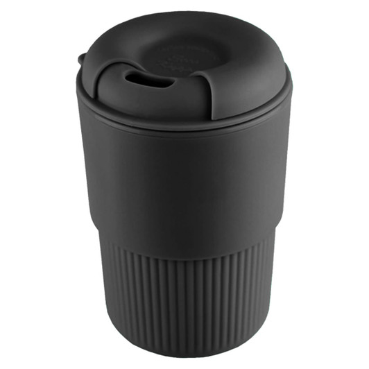 A drink bottle in matte black with a ridged base and a secure lid featuring a small opening. It has a logo.