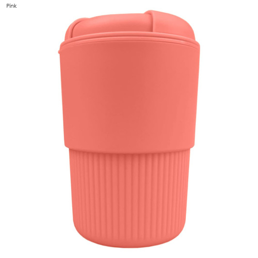 A reusable coffee cup in pink with a textured grip and a curved lid. It features a branding logo.