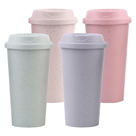 A set of four reusable bamboo coffee cups in soft pink, light purple, mint green, and pale beige, each with a matching lid.