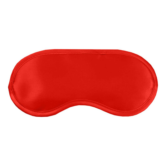 A red satin sleep eye mask with a smooth finish and contoured shape. It features a logo.