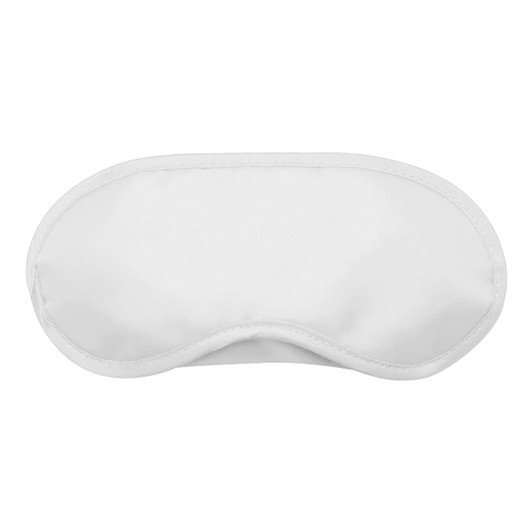 A white sleep eye mask with a curved shape, featuring a logo on the front.