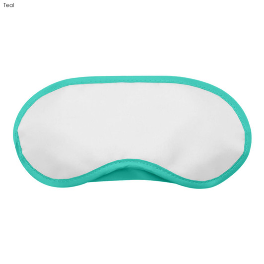A teal and white sleep eye mask with a soft texture and a casual design. It features a logo on one side.