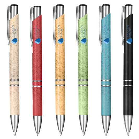 A selection of six eco-friendly pens in various colours: red, beige, green, blue, and black, with branding on each.