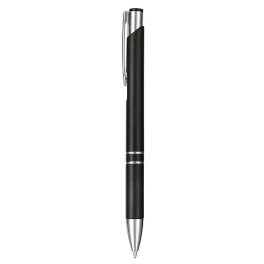 A black ballpoint pen with a sleek design and silver accents, featuring a clip and branding.