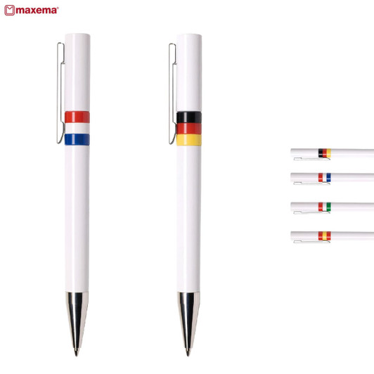 Two plastic pens in white with coloured stripes of red, black, yellow, and green, featuring a clip and shiny silver tips.