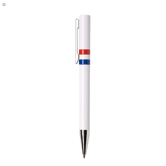 A white plastic pen featuring red and blue stripes, with a silver clip and nib. It has a logo on the body.