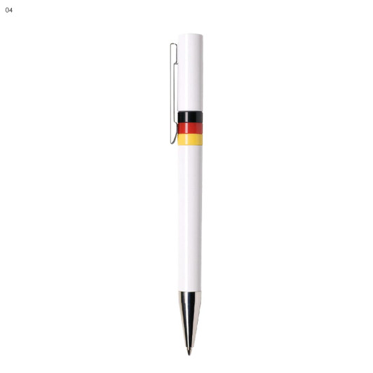 A white plastic pen featuring a black, red, and yellow band, with a silver clip and tip.