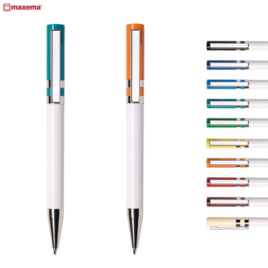A set of plastic pens in white, featuring turquoise and orange accents, with various ink colours displayed alongside.
