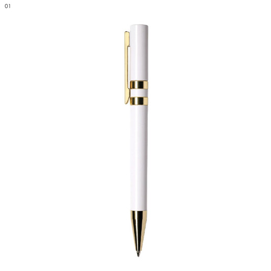 A white metal pen with gold accents, featuring a clip and decorative rings. It has a sleek, elegant design.