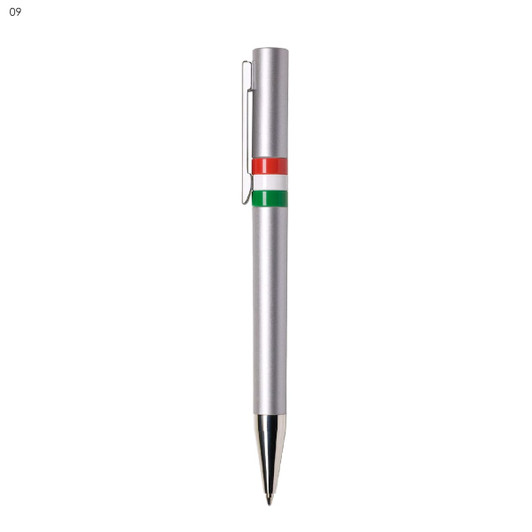 A metal pen in silver with red and green stripes, featuring a clip and a branded logo.