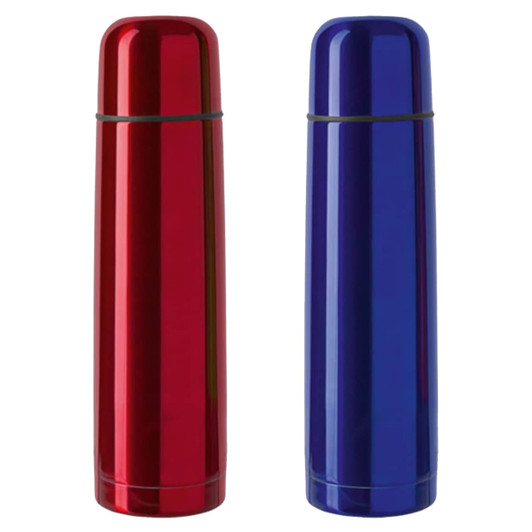 A drink bottle set featuring a red and a blue thermos. Both have a smooth, shiny finish and a black band.