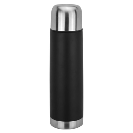 A drink bottle with a sleek black body and a stainless steel lid, featuring a logo on the side.