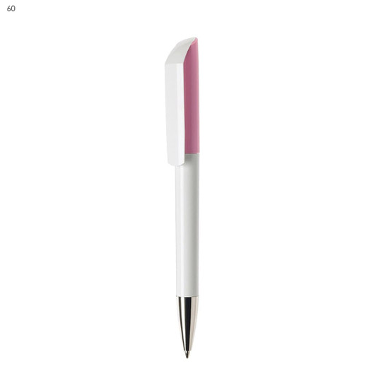 A plastic pen with a white body and a pink top, featuring a silver clip and tip, alongside a logo.