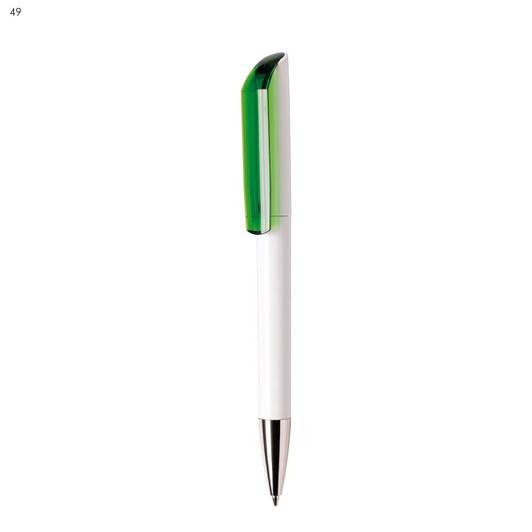 A white plastic pen with a green cap and a silver tip, featuring a logo on the body.