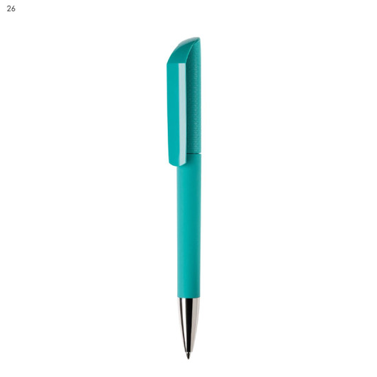 A turquoise plastic pen with a sleek design and a metallic nib. It features a logo on the barrel.