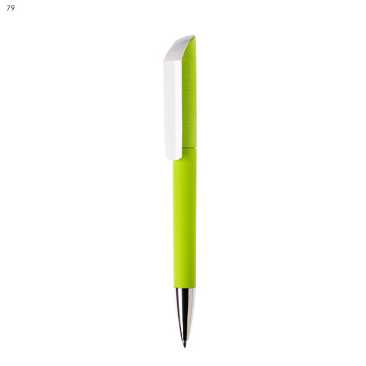A green plastic pen with a white clip and textured grip, featuring a shiny silver nib and a branding logo.