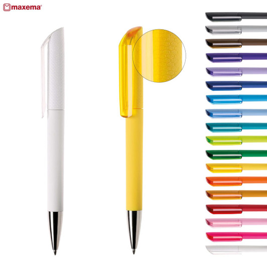 Two plastic pens are displayed: one white and one yellow, with various colours visible in the background. A logo is present.