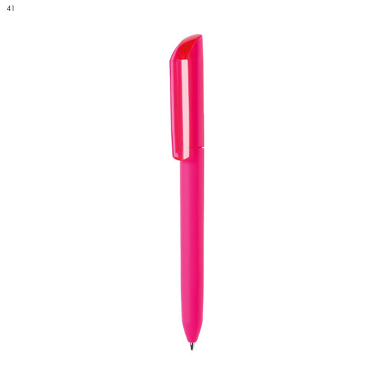 A bright pink plastic pen with a curved cap and a shiny finish. It features a logo on its side.