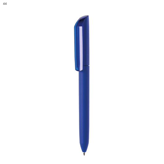 A blue plastic pen with a sleek design and a clip, featuring a logo on the barrel.