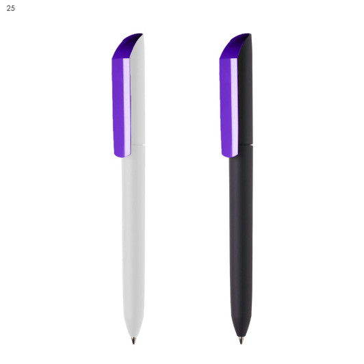 Two plastic pens side by side, one white with purple accents and one black with purple accents. Both feature a logo.