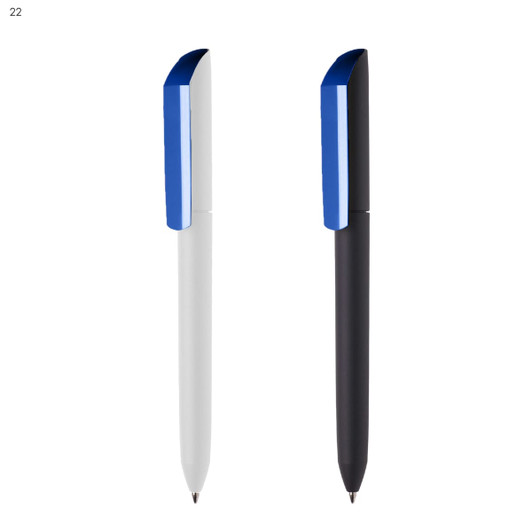 A plastic pen set featuring a white pen and a black pen, each with a blue clip and branding.