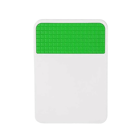A white fridge magnet clip with a textured green section at the top, featuring a logo.
