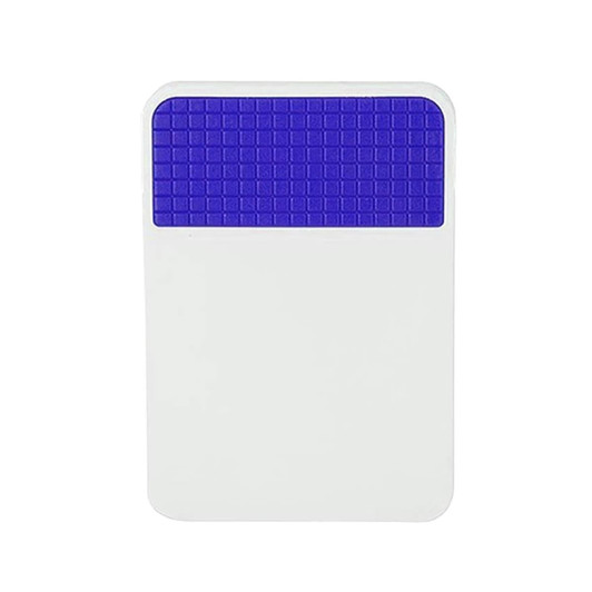 A fridge magnet clip in white and purple, featuring a textured grip area at the top. It has a logo on the side.