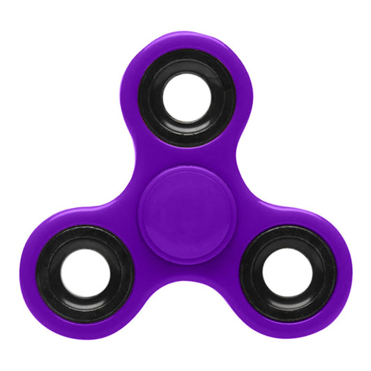 A purple fidget spinner with black bearings in each arm, designed as a novelty item for fun and games.