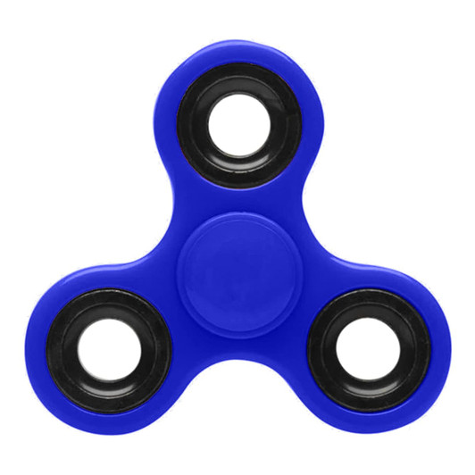 A blue fidget spinner with black bearings and a central button, featuring a smooth, rounded design.