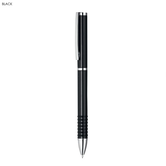 A black writing pencil with a sleek design, featuring a grip and a clip. It has a logo on one side.