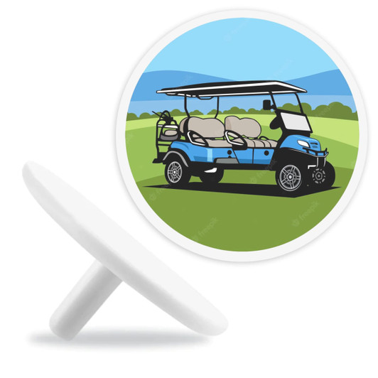 A round golf ball marker featuring a blue golf cart with a canopy, set against a green landscape and blue sky.